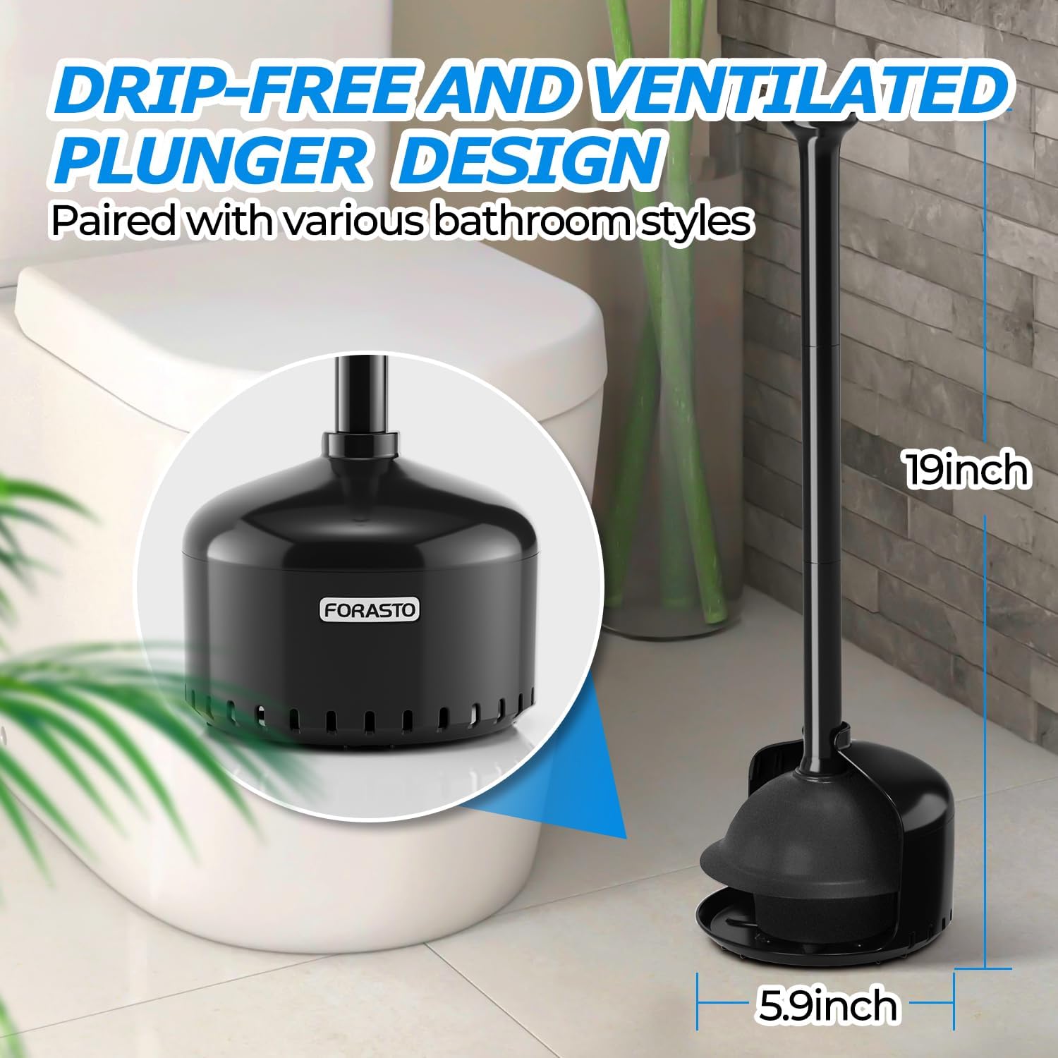 FORASTO Toilet Plunger with Holder - Heavy Duty Bathroom Cleaning Tools