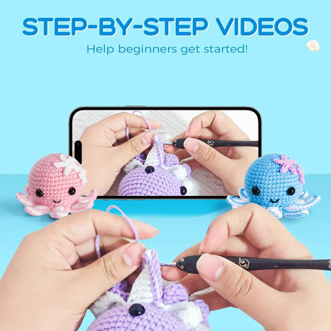 Crochet Kit for Beginners: Make 3 Cute Amigurumi Animals with Easy-to-Follow Video Tutorial, Complete Beginner Crochet Kits for Kids Adults, Creative Christmas Birthday Gift Idea for Women & Girls