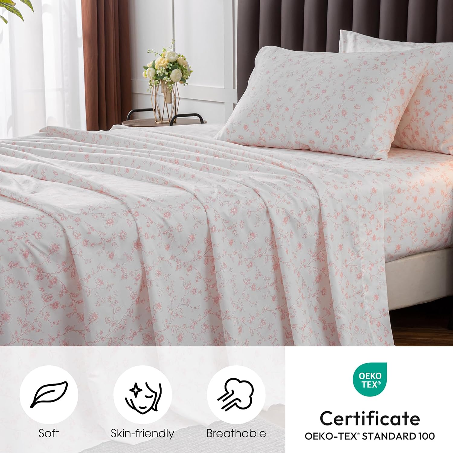 HYPREST Pink Floral Sheets Cal King, Deep Pocket Flower Pattern Bed Sheets