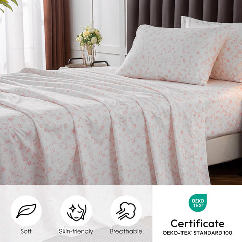 HYPREST Pink Floral Sheets Cal King, Deep Pocket Flower Pattern Bed Sheets