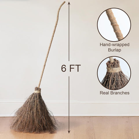 Halloween Decorations Fall Decor - 6FT Giant Handmade Real Twig Witch Broom