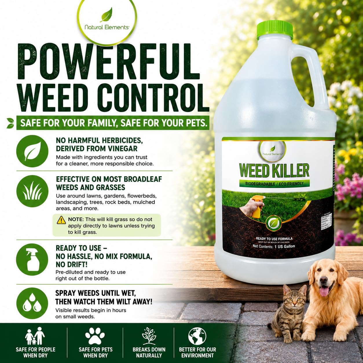 Natural Elements Weed Killer | Pet Safe, Safe Around Children | Natural Herbicide (1 Gallon)