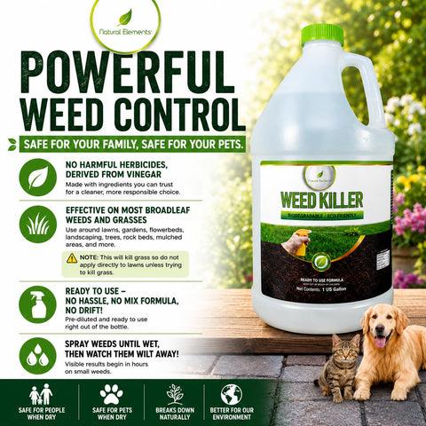 Natural Elements Weed Killer | Pet Safe, Safe Around Children | Natural Herbicide (1 Gallon)