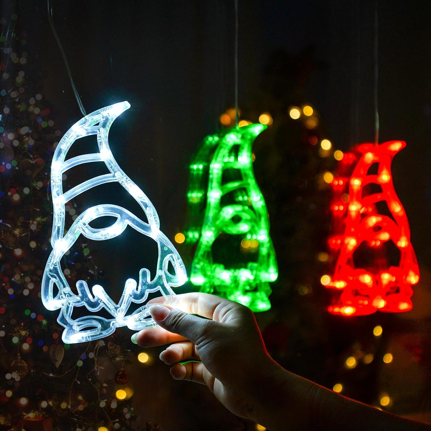 LOLStar 3 Pack Red White and Green GnomesChristmas Window Lights,Suction Cups 2025 Upgrade Timer Function and Slowly Fade Mode Battery Operated Indoor Decors Christmas Decorations