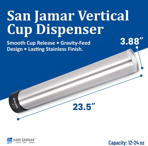 San Jamar Pull-Type Cup Dispenser 12-24 Oz. Cups for Restaurants, Home, and Office, Plastic, 23.5 Inches, Silver