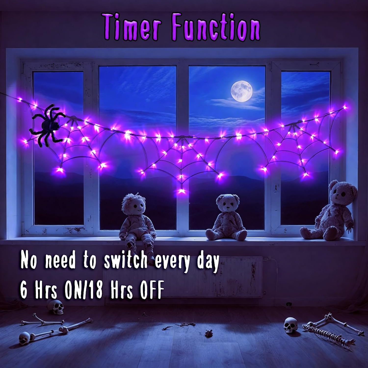 Halloween Decorations Spider Web Lights 6FT 60LED Battery Operated/USB Powered with Black Spider with Timer 8 Modes Indoor Outdoor for Halloween Decor, Purple