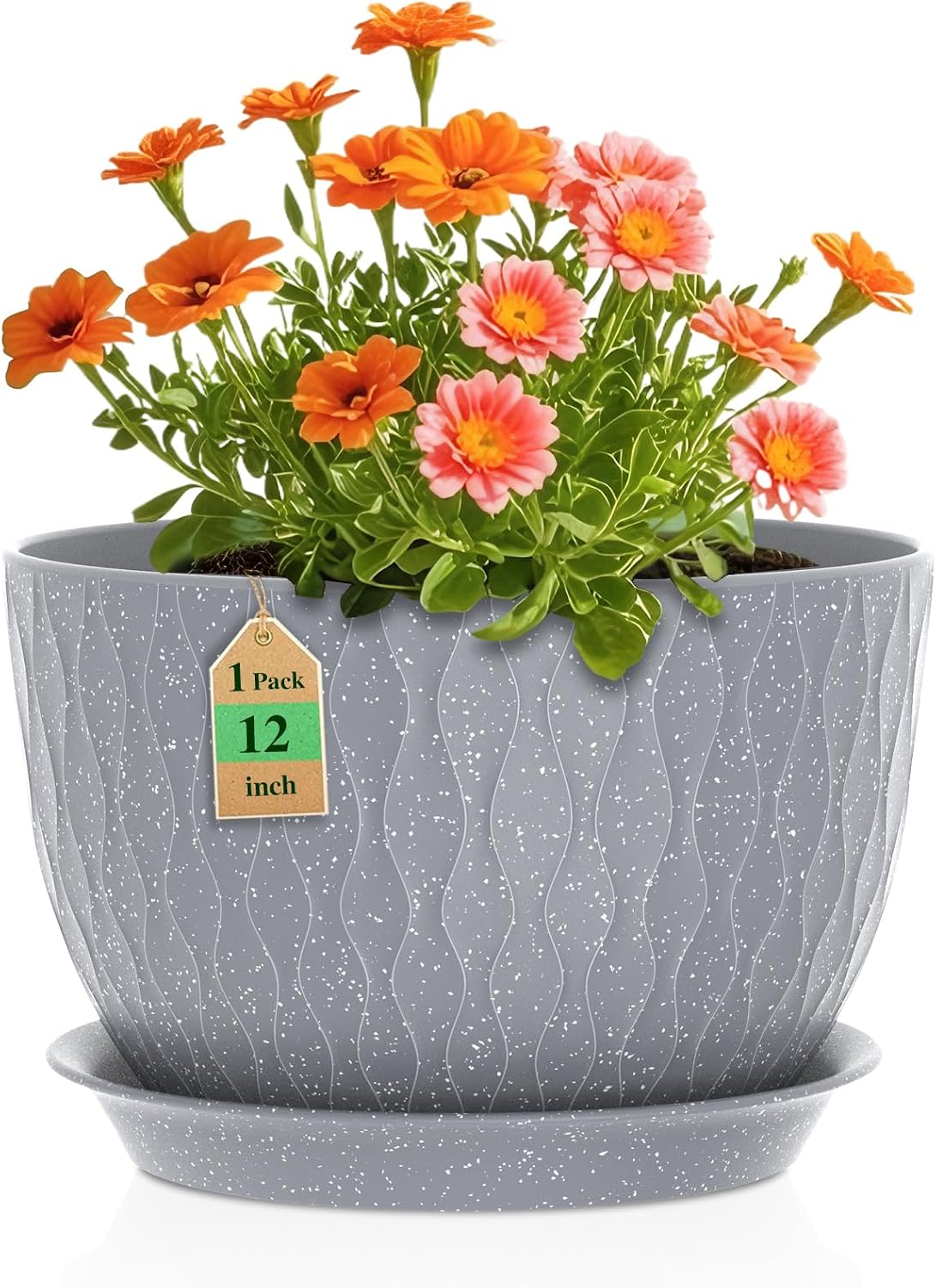 WSMKSZ 12 Inch Wide Water Ripples Flower Pots for Indoor or Outdoor Plants, Large Plant Pots with Drainage Holes & Saucer, Plastic Planters Set for Garden & Home Decor (Grey with White Speckles)