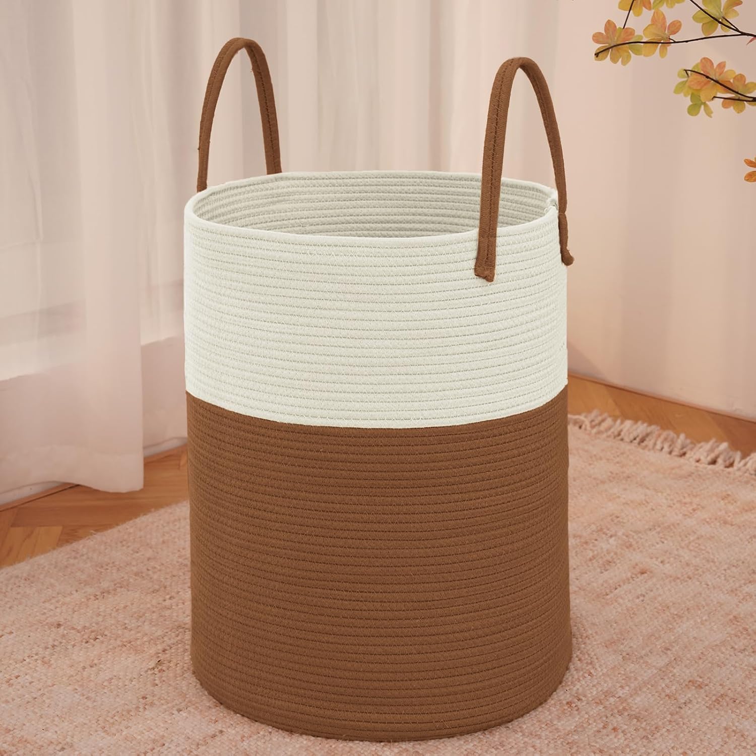 JMvicyroam 100L Cotton Rope Laundry Basket Hamper, White and Brown
