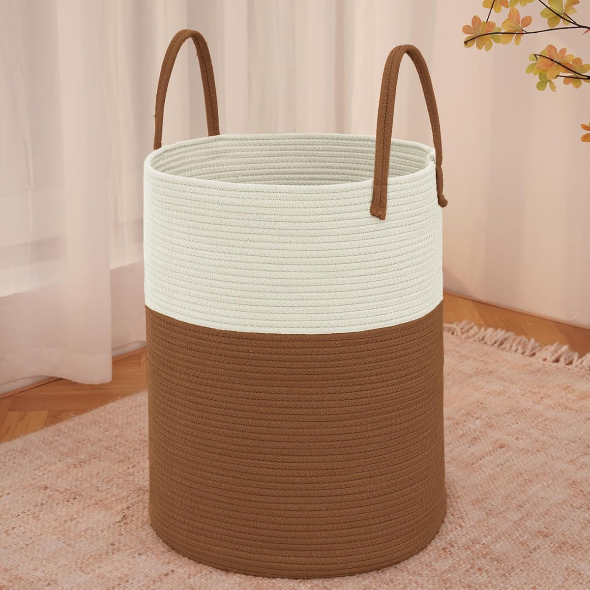 JMvicyroam 100L Cotton Rope Laundry Basket Hamper, White and Brown