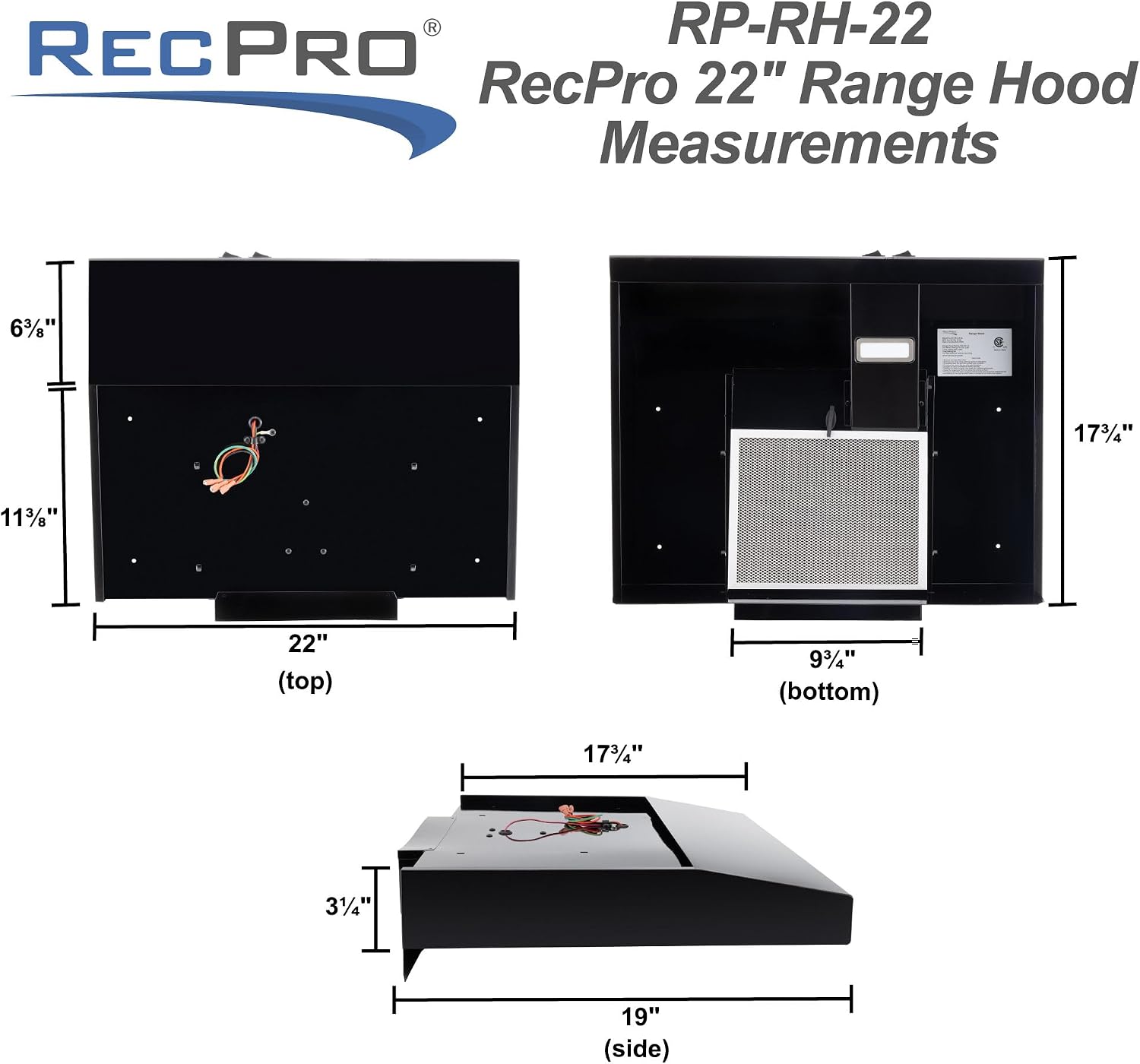 RecPro RV Range Hood | Charcoal Filter & LED Light | Black