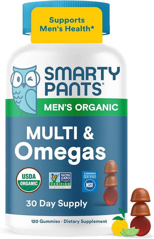 SmartyPants Multivitamin for Men, Organic Gummies: Methylfolate, Omega 3 (ALA), Vitamin D3, C, Vitamin B12, B6, A, K & Zinc for Immune Support, Biotin, Vegetarian, 120 Gummies (30 Day Supply)