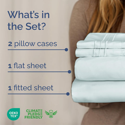 Queen Size 4 Piece Sheet Set - Comfy Breathable & Cooling Sheets - Ice Blue