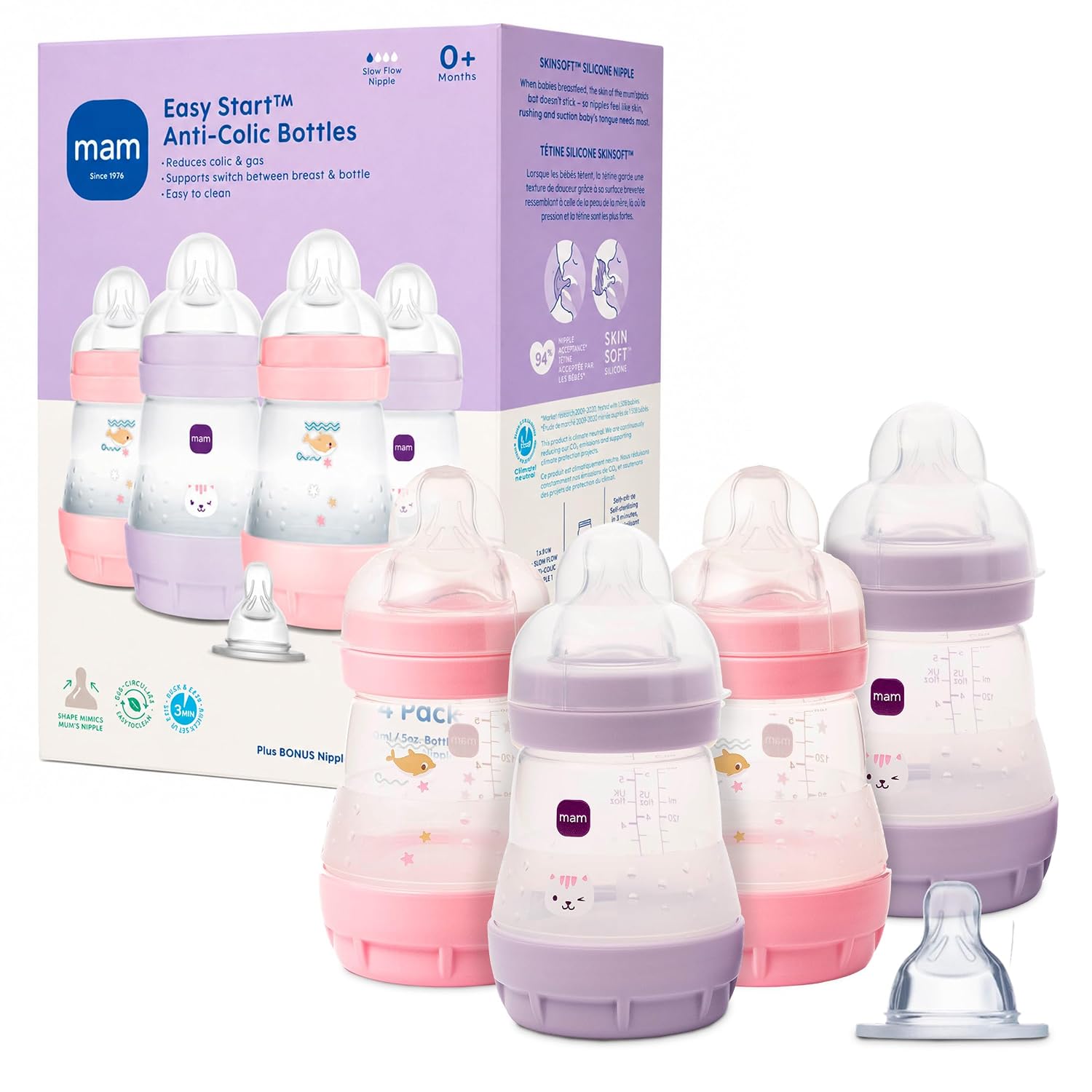 MAM 5oz Easy Start Anti-Colic+ Vented Baby Bottle, 0+ Month, 4 Pack, Girl