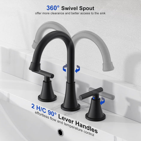 Bathroom Faucet 3 Hole, Matte Black Faucets with Drain and Supply Lines