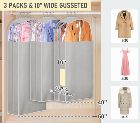 MISSLO 10" Gusseted Garment Bags for Hanging Clothes 40"+50" Clear Suit Bags for Closet Storage Dress Bag for Gowns Long Coat Protector, 3 Packs, Grey
