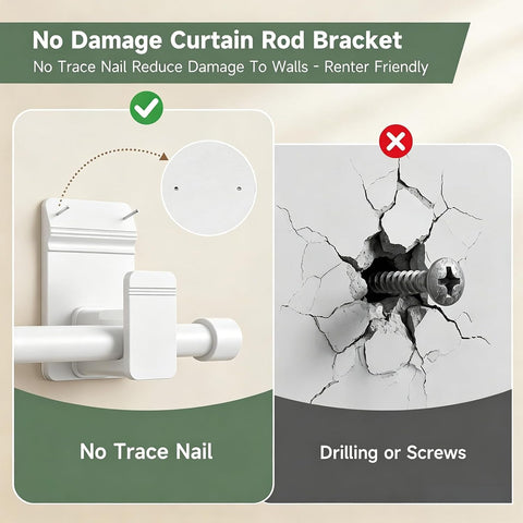 EKOTTOK No Drill Curtain Rod Brackets for 5/8" Rod, Heavy Duty 30LB+, Adhesive & Invisible Nail Curtain Rod Holders, Damage-Free Wall Mount Hooks for Bathroom, Kitchen, Bedroom (8PC, White)
