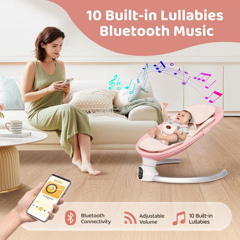 Baby Swing for Infants - Electric Baby Rocker with Exclusive App Function, Upgraded 5 Point Harness, Bluetooth Support, 10 Preset Lullabies and 5 Speeds, Portable Swing for Baby Boy Girl（Pink）