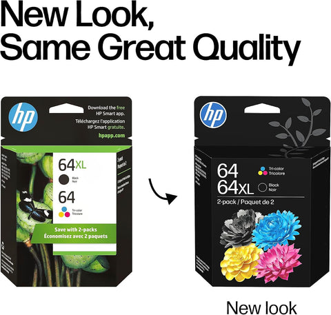 HP 64XL/64 Black High Yield and Tri-Color Standard Yield Ink Cartridges, 2/Pack