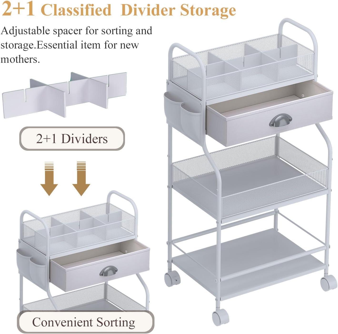 Baby Diaper Caddy Cart Organizer -3 Tier, Bedside Nursery Essentials Organizer & Storage Holder for Newborn Baby Stuff, 2+1 Dividers, 1 Drawer,Rolling Utility Cart for Bedroom,Changing Table, Crib.