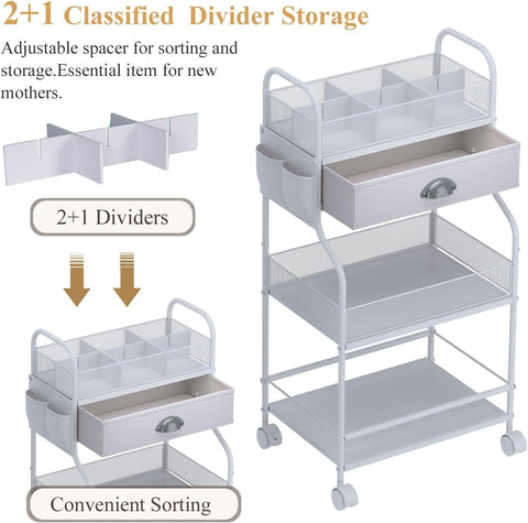 Baby Diaper Caddy Cart Organizer -3 Tier, Bedside Nursery Essentials Organizer & Storage Holder for Newborn Baby Stuff, 2+1 Dividers, 1 Drawer,Rolling Utility Cart for Bedroom,Changing Table, Crib.