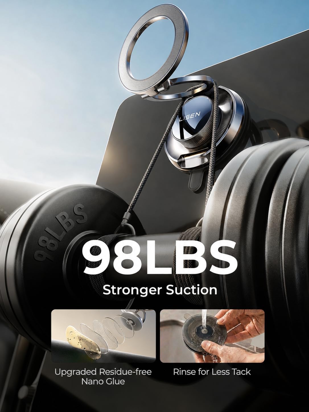 LISEN Suction Phone Mount for Vacuum [All-Metal & Nano Gel 98+LBS Suction] 360 Adjustable Magnetic Phone Holder for Car[18 X Strong Magnet] for Magsafe Car Mount for Note 18 iPhone 17 Pro Max 16 15 14