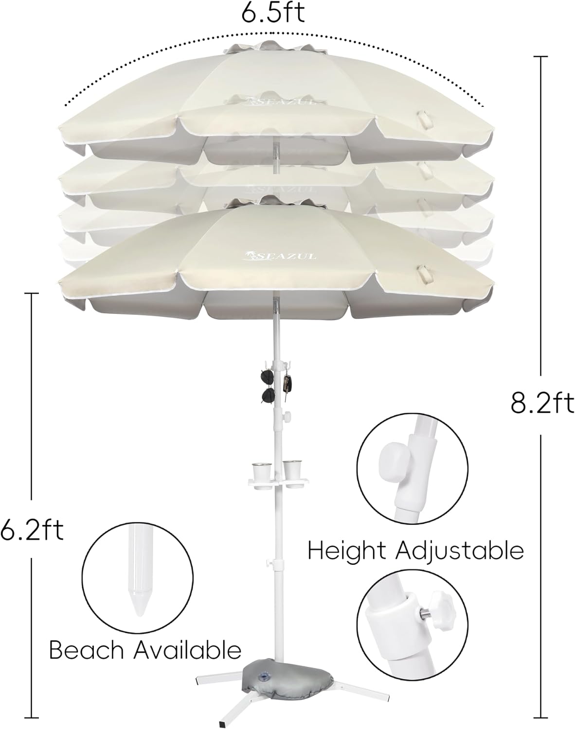 Seazul 6.5ft Sun Shade Umbrella, Portable Umbrella with Stand for Sports
