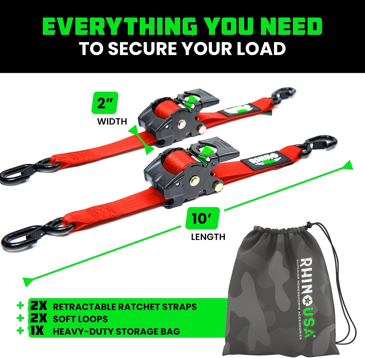 Rhino USA Retractable Ratchet Straps (2-Pack) - 2in x 10ft, 3,033lb, Red