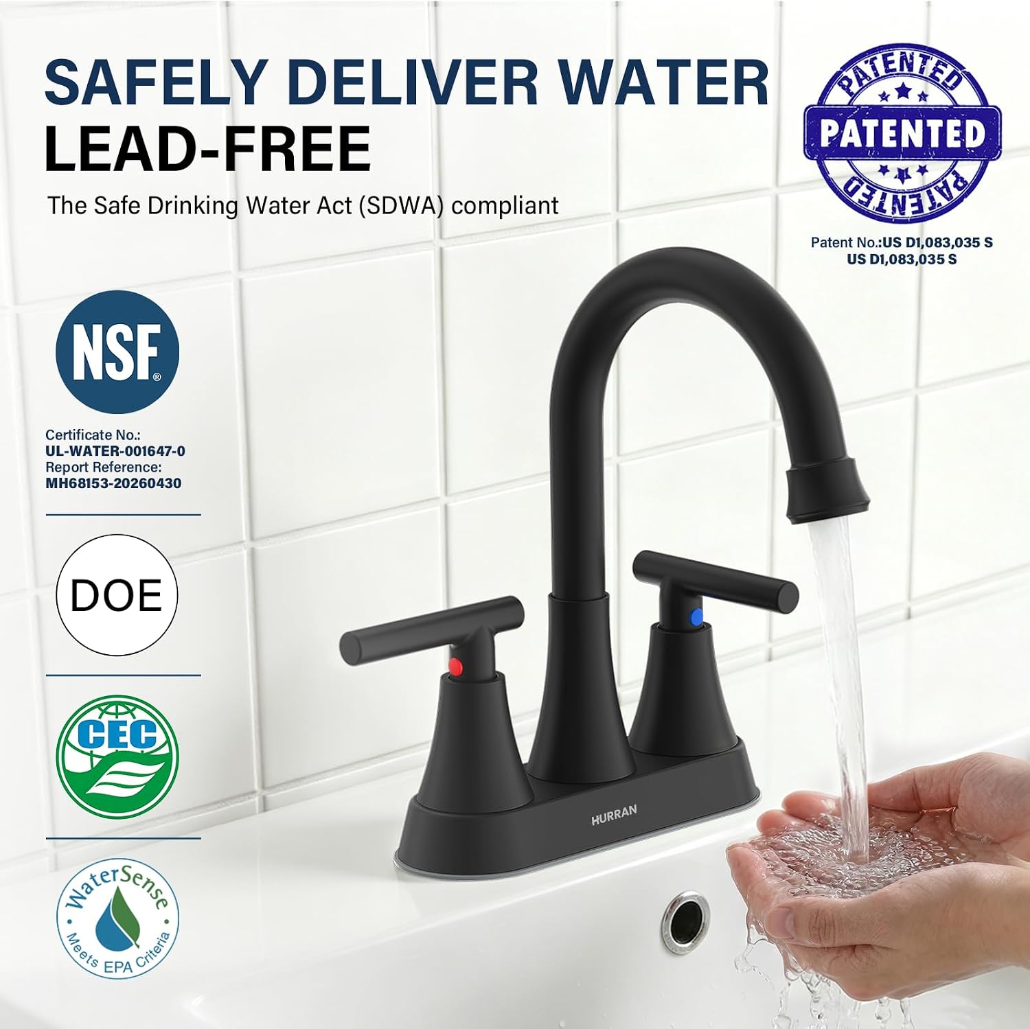 Matte Black Bathroom Faucet, Hurran 4 inch Centerset 2-Handle Lead-Free