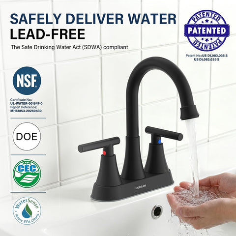 Matte Black Bathroom Faucet, Hurran 4 inch Centerset 2-Handle Lead-Free