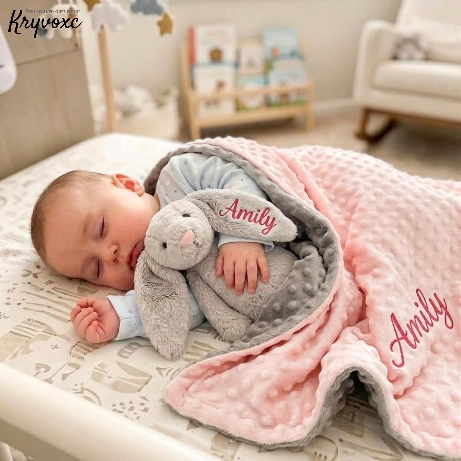 Personalized Baby Blanket and Plush Bunny Set, Custom Blankets and Rabbit