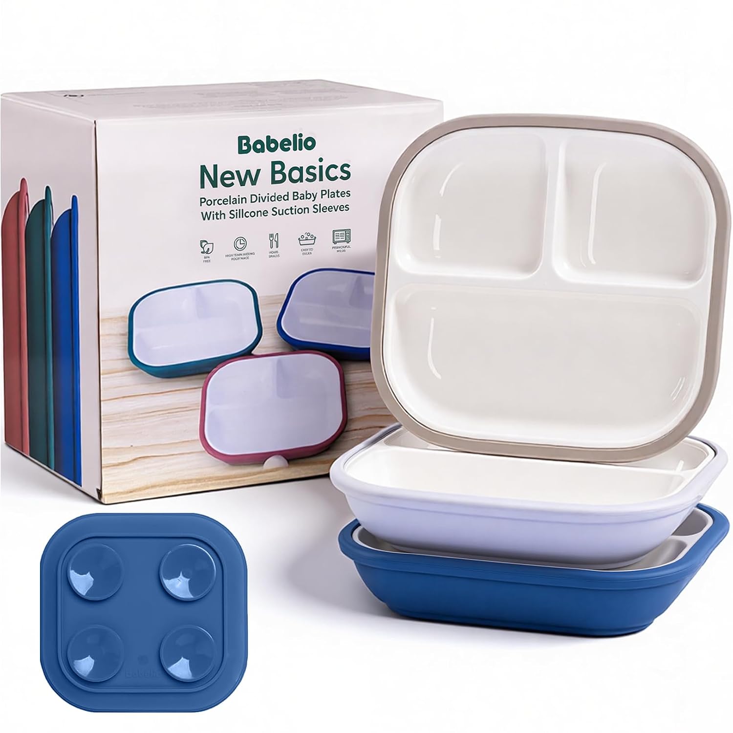 Babelio 8" Toddler Ceramic Plates with Silicone Suction Sleeves, 3 Pack