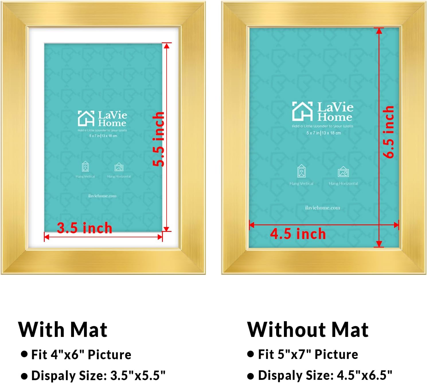 LaVie Home 5x7 Picture Frame Gold, 5 x 7 Frame with High Definition Plexiglass, Horizontal or Vertical Wall Wood Gallery Picture Frames Suitable for Small Picture, 1pc