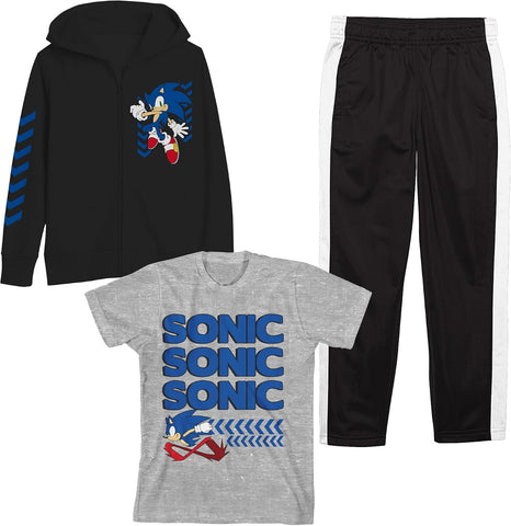 Bioworld Youth Boys Sonic 3 pc Hoodie Jogger T-shirt combo