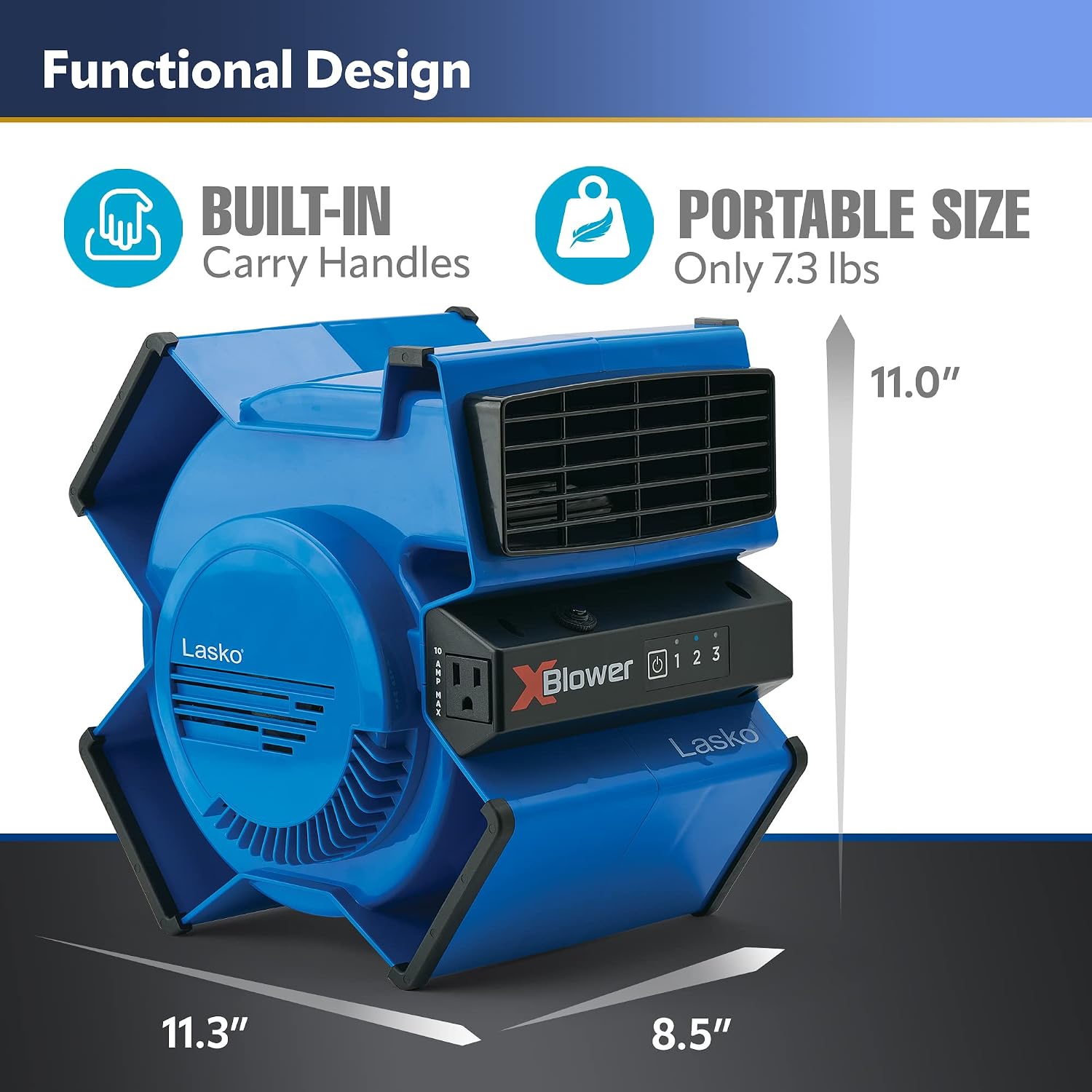 Lasko X-Blower High Velocity Pivoting Utility Blower Fan for Cooling, Ventilating, Exhausting, and Drying, 6 Position 3-Speed Floor Fan with AC Outlet, Circuit Breaker, USB Port, 11x9x12, Blue, X12905