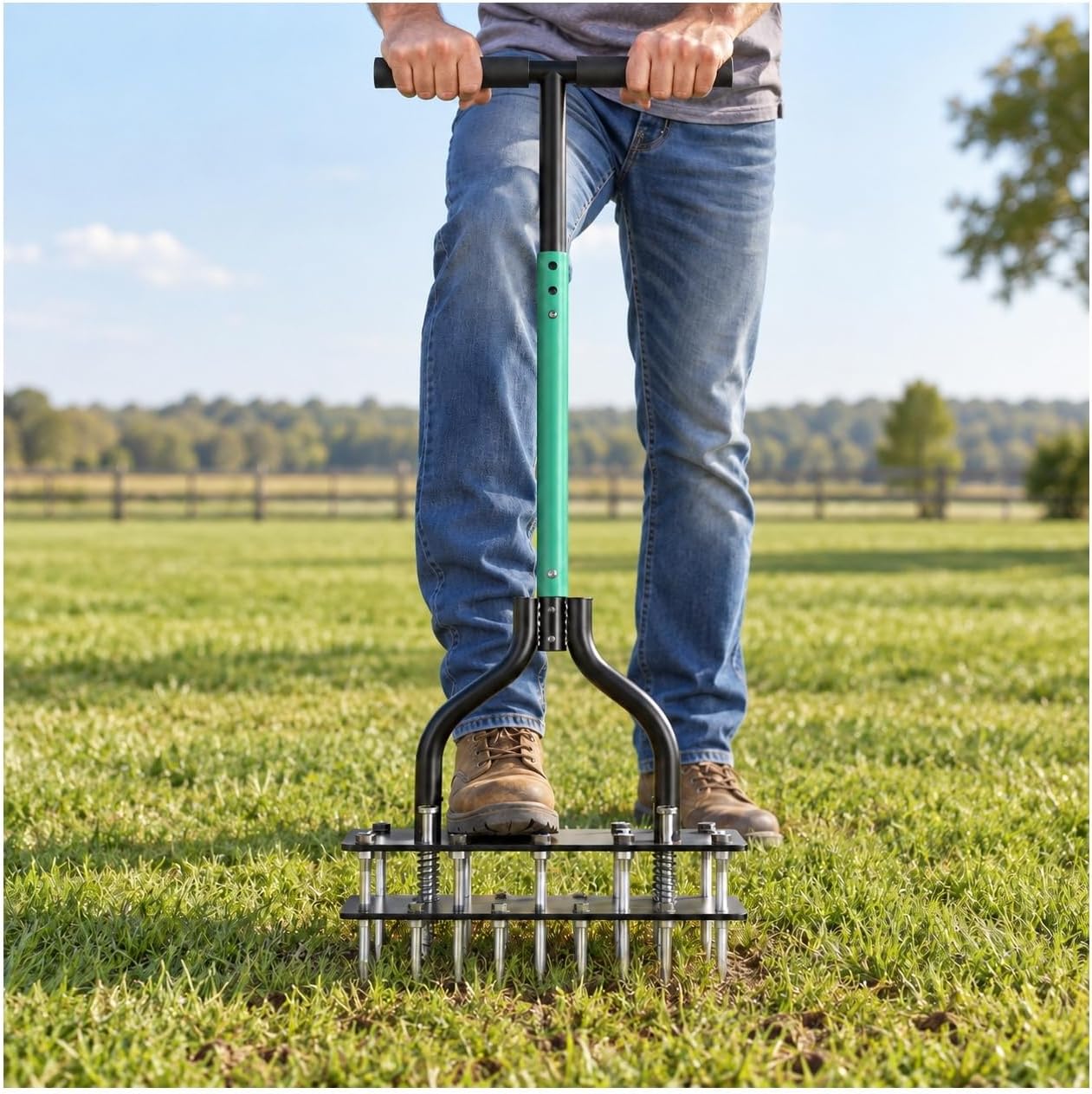 Lawn Aerator Tool, Dual-Layer 15-Spike Heavy-Duty Steel Aerator Lawn Tool