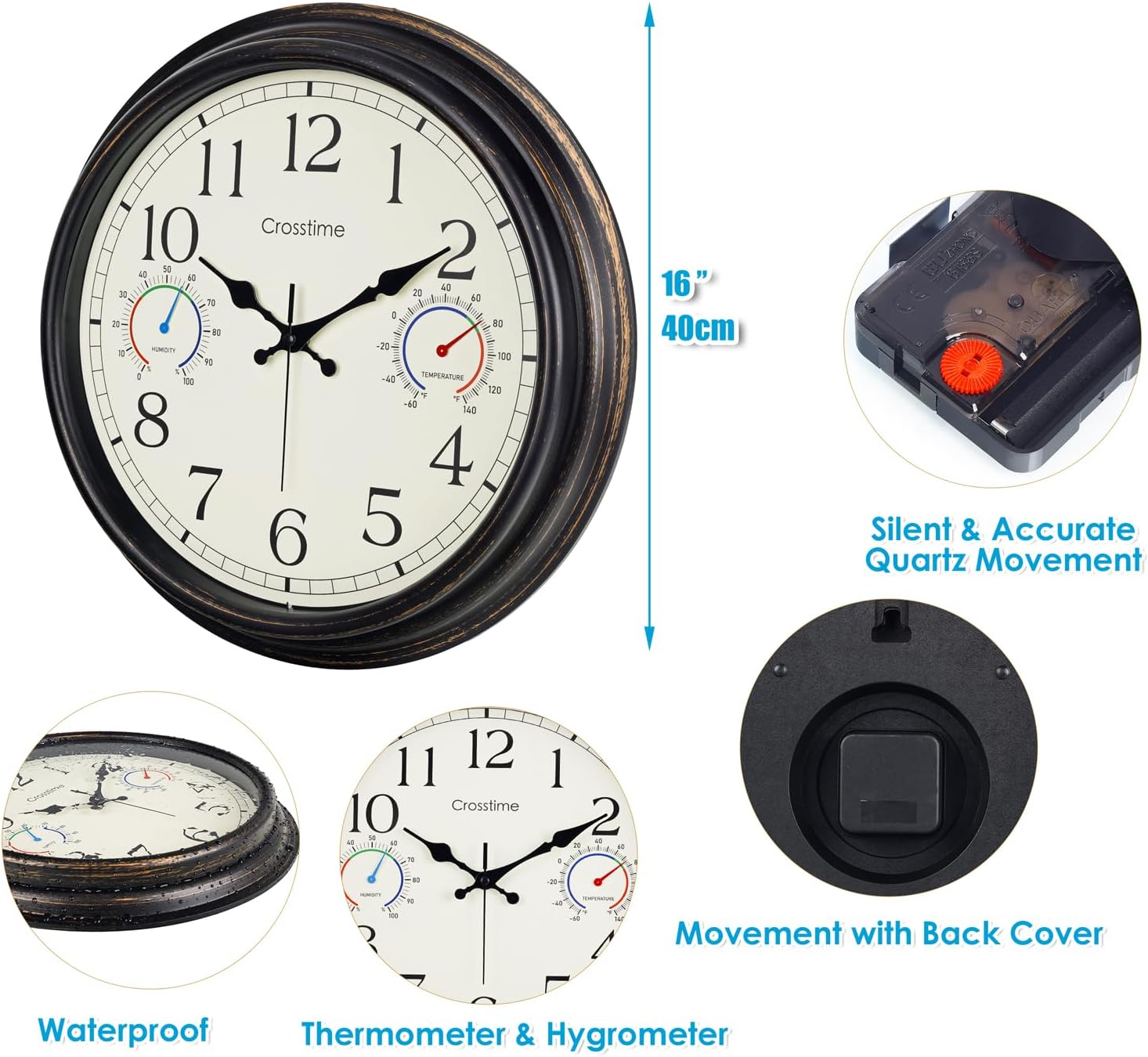 16" Indoor Outdoor Retro Wall Clock Battery Operated Silent, Bronze