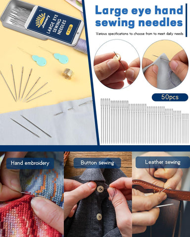 50 Pcs Large Eye Sewing Needles, 7 Size Embroidery Needles for Handsewing