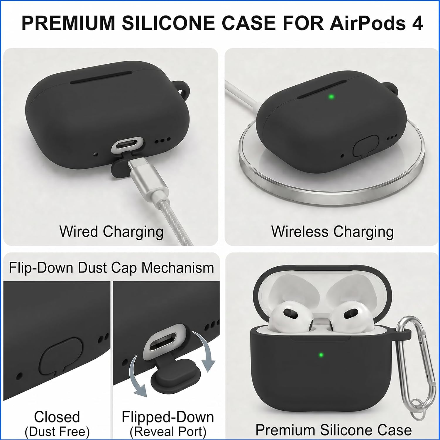 for AirPods 4th Case Cover, Soft Silicone Case with Cleaner Kit, Keychain, Full Protection for Men and Women, Compatible with AirPods 4th Generation (Black)