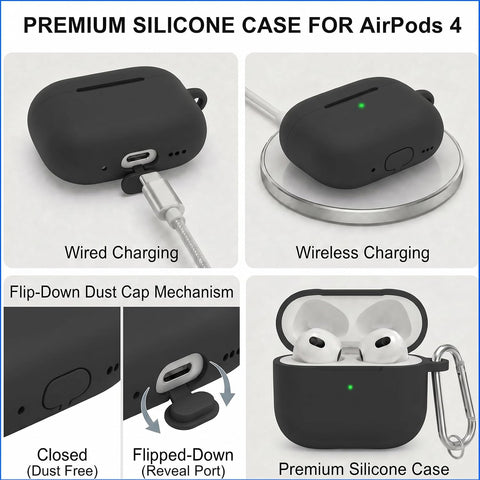 for AirPods 4th Case Cover, Soft Silicone Case with Cleaner Kit, Keychain, Full Protection for Men and Women, Compatible with AirPods 4th Generation (Black)