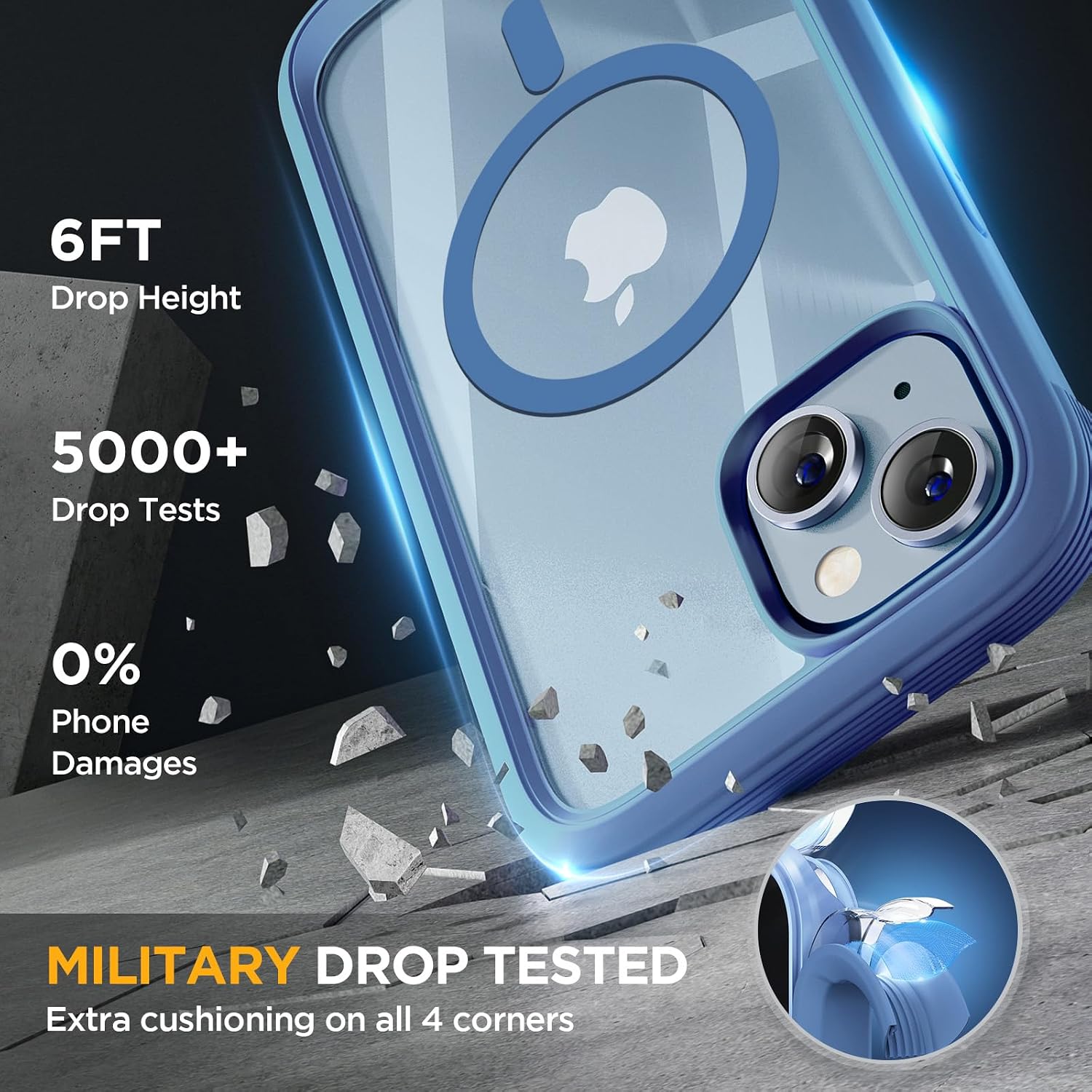 Miracase for iPhone 14 Case, Full-Body Bumper &Glass Screen Protector,Blue