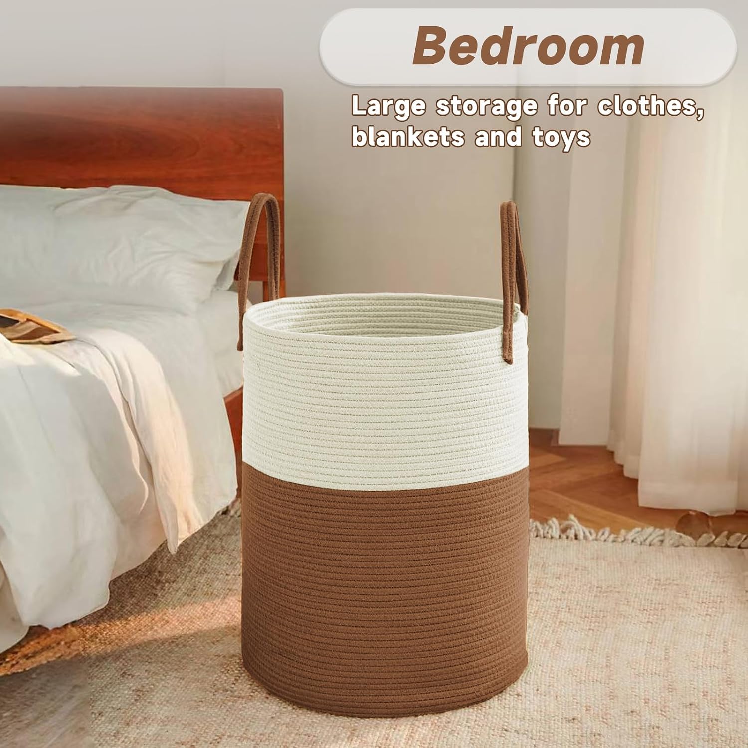 JMvicyroam 100L Cotton Rope Laundry Basket Hamper, White and Brown