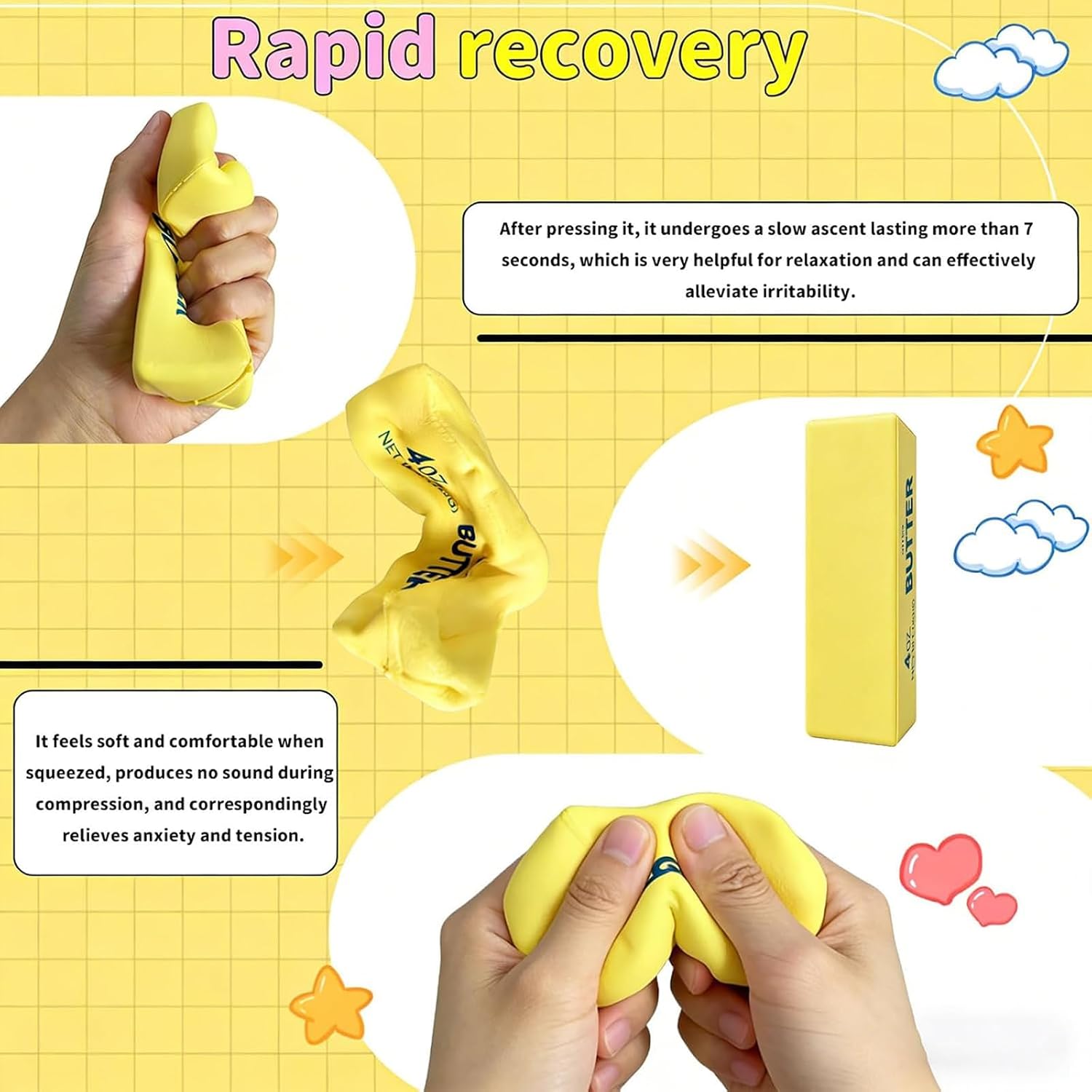 Butter Squishy Stress Toy,Soft Novelty Toy,Realistic Butter Stick Fidget, Slow Rising Soft Squeeze Toy for Adults Stress Relief & Anxiety Relief(4PCS)