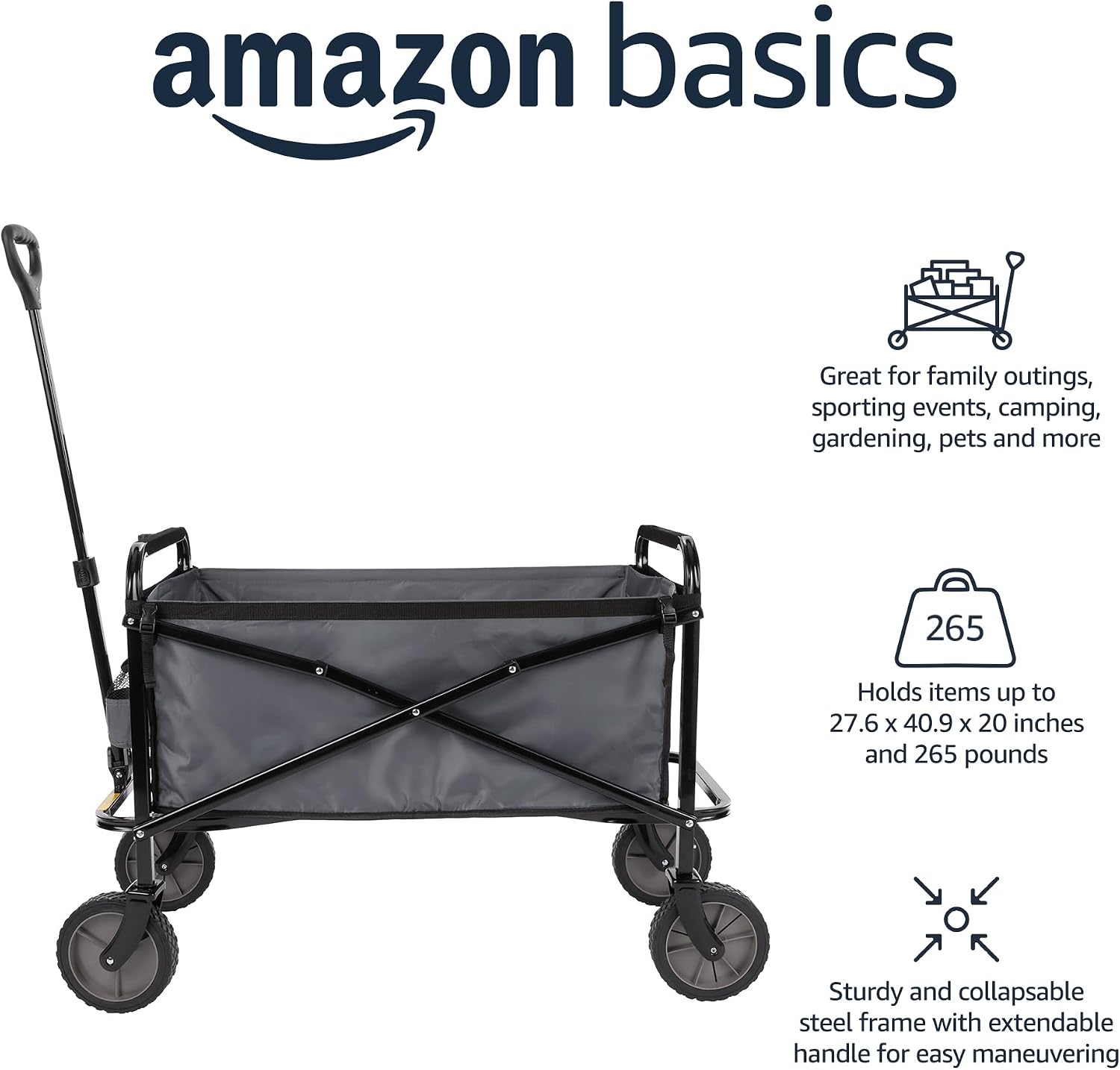 Amazon Basics Collapsible Heavy Duty Utility Wagon for Outdoor Sports, Camping, Garden, and Shopping, 265 Pounds Capacity, 27.6 x 40.9 x 20 inches, Gray