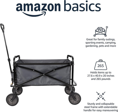 Amazon Basics Collapsible Heavy Duty Utility Wagon for Outdoor Sports, Camping, Garden, and Shopping, 265 Pounds Capacity, 27.6 x 40.9 x 20 inches, Gray