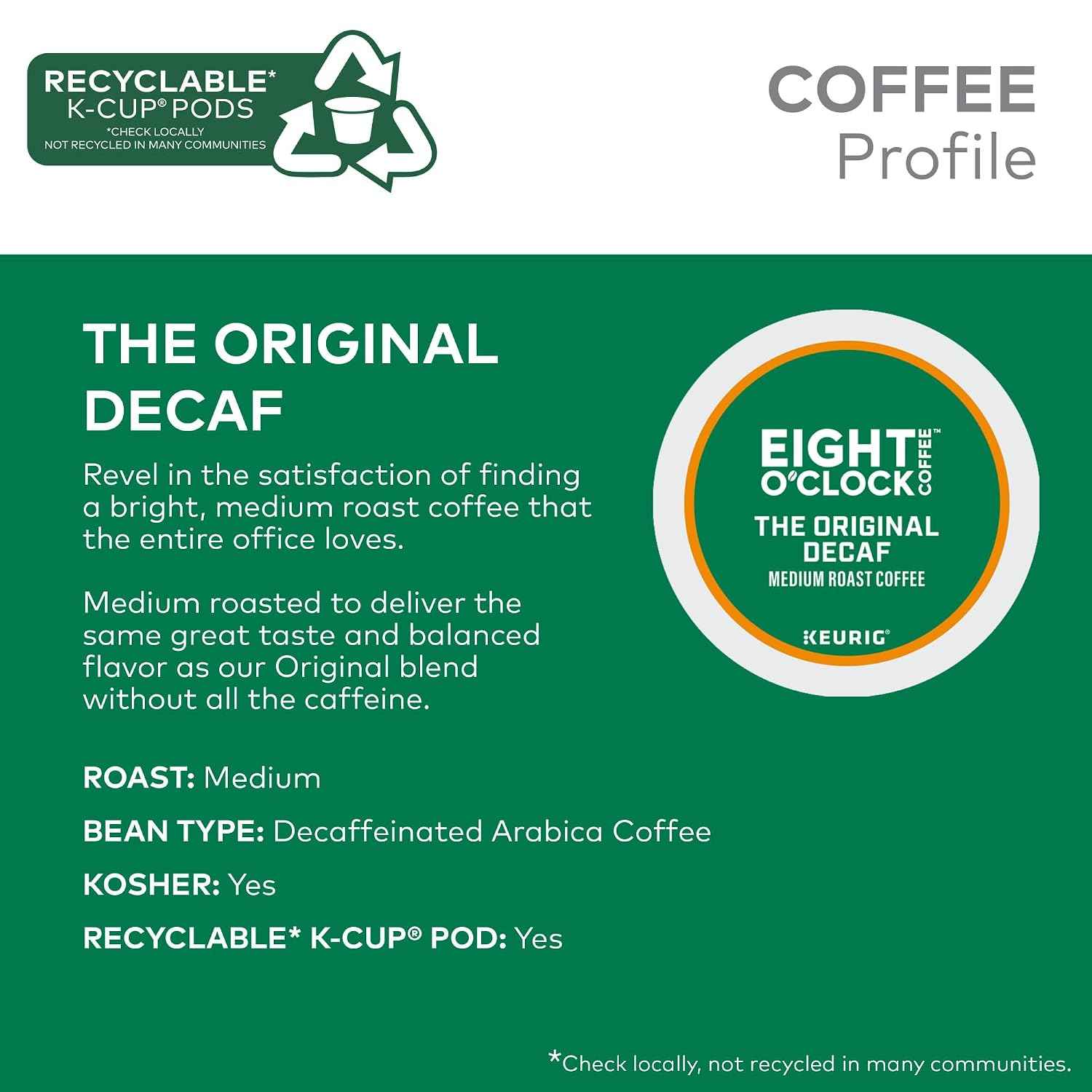 Eight O'Clock Coffee The Original Decaf, Single-Serve Keurig K-Cup Pods, Medium Roast Coffee Pods, 60 Count