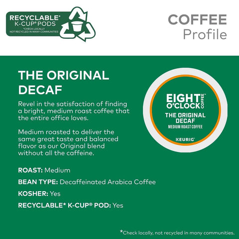 Eight O'Clock Coffee The Original Decaf, Single-Serve Keurig K-Cup Pods, Medium Roast Coffee Pods, 60 Count