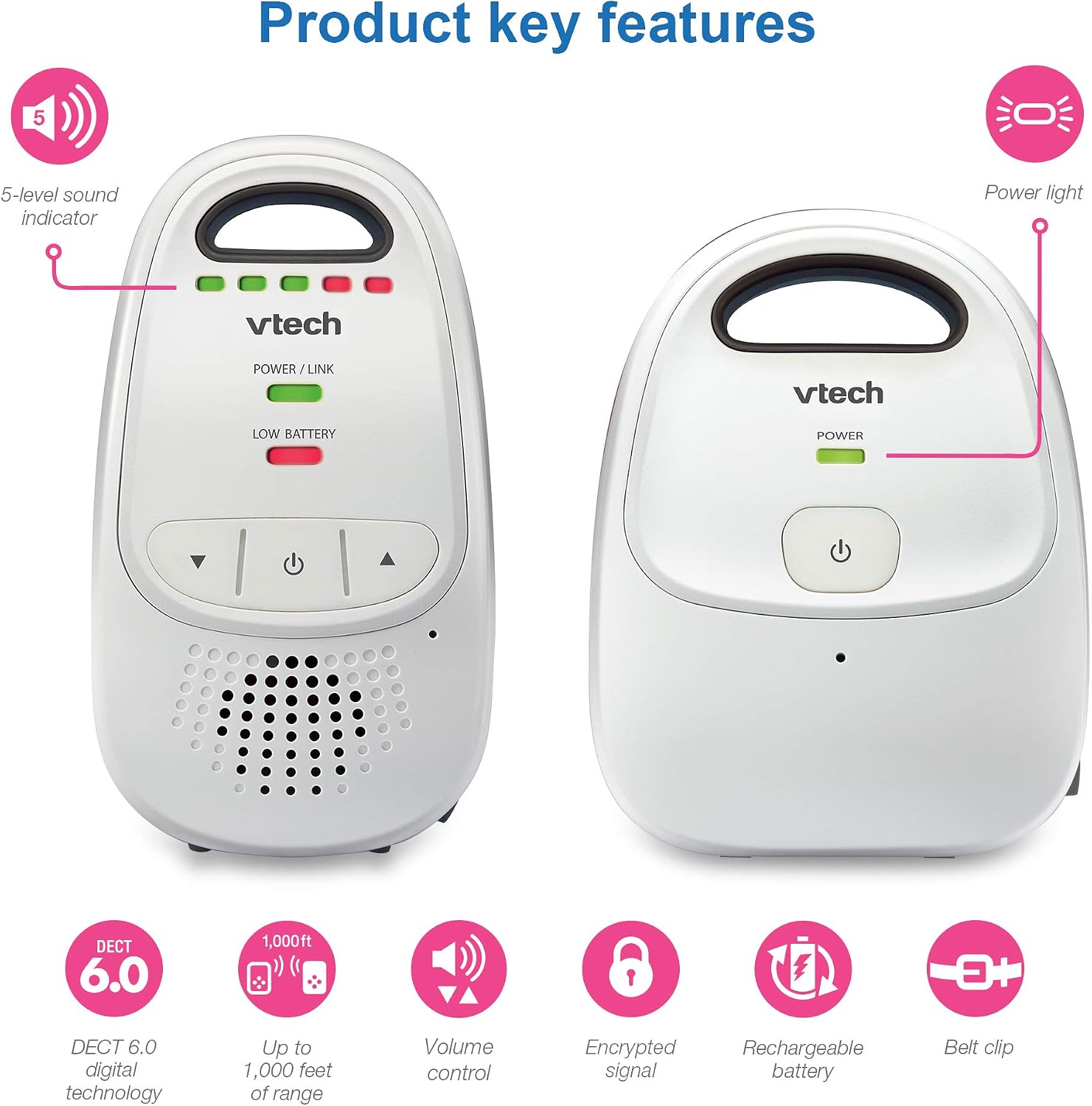 VTech Upgraded Baby Monitor with Rechargeable Battery, Long Range, Crystal-Clear Sound, and Alerts