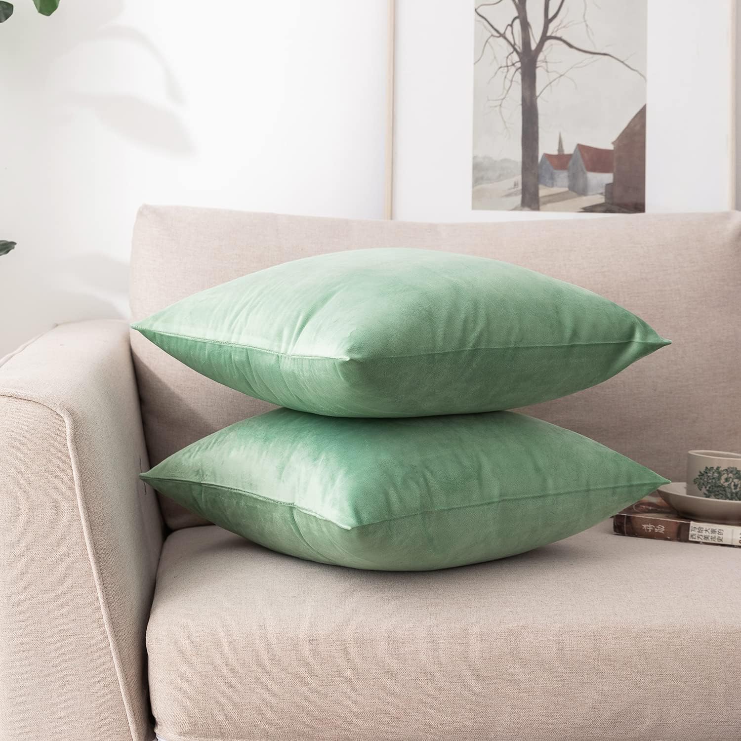 NiNi ALL SageGreen Velvet Throw Pillow Covers 26x26 Pack of 2 Decorative