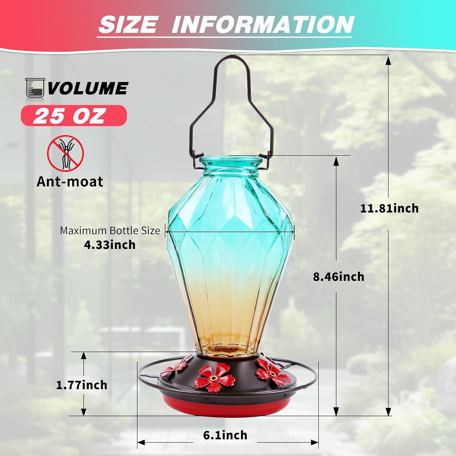 2 Pack Glass Hummingbird Feeder for Outdoors Hanging, 25Oz Humming Bird Nectar Feeder, Perch, 5 Flower Feeding Ports, Leak Proof Base, Hook for Outside Garden Backyard, Diamond Green