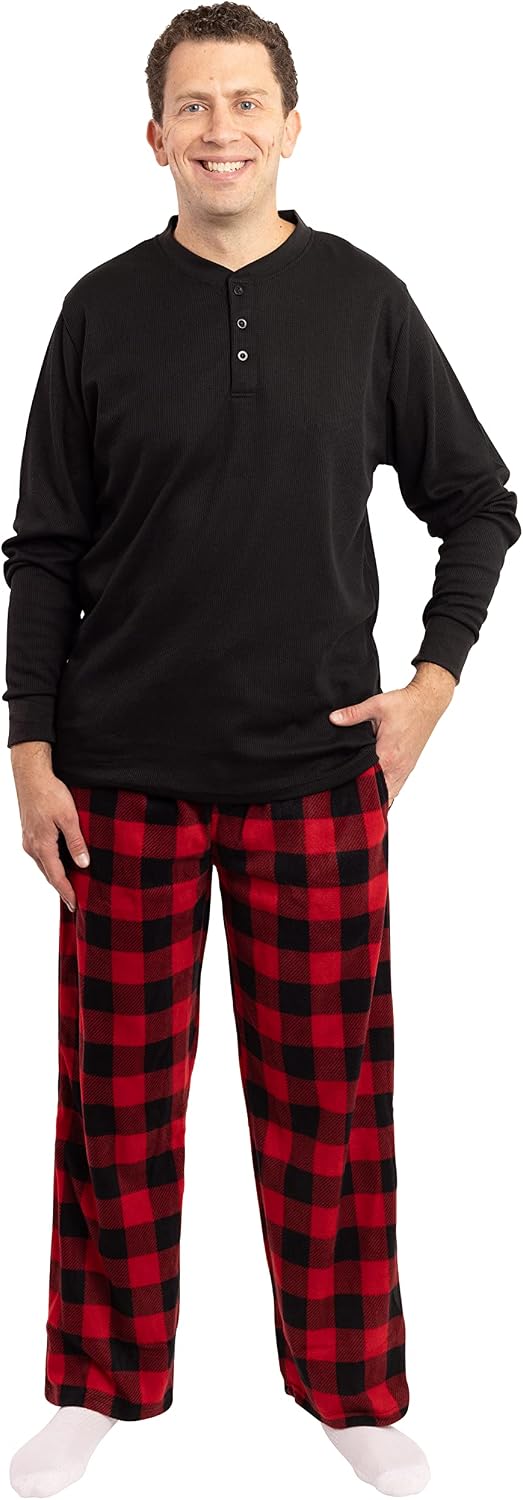 #followme Pajama Set for Men with Thermal Henley Top and Polar Fleece Pants